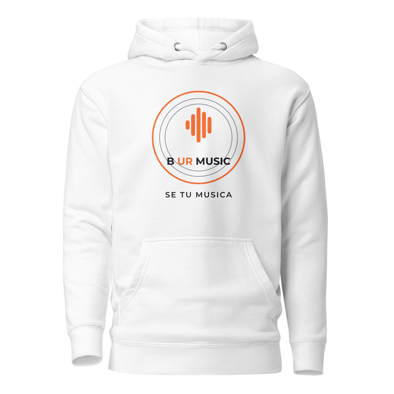Hoodie blanco B UR MUSIC con el sello y el lema Se tu musica al frente