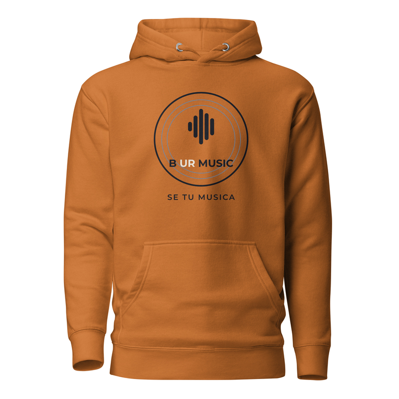 Hoodie naranja B UR MUSIC con el sello y las líneas internas en gris