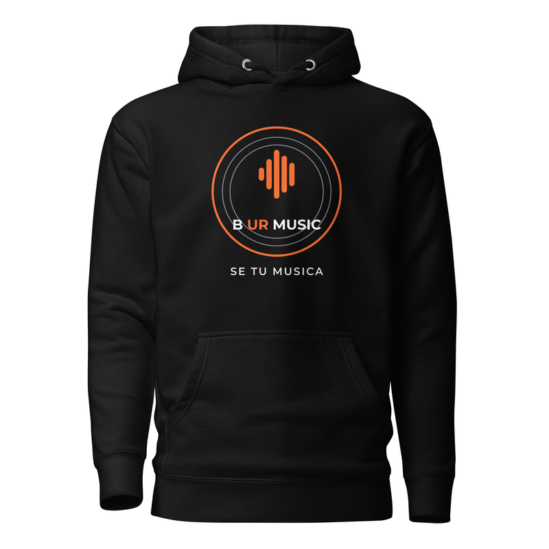 Hoodie negro B UR MUSIC con el sello y el lema Se tu musica al frente