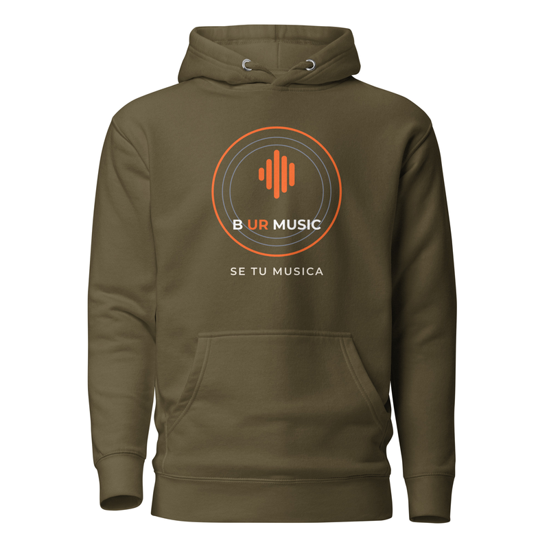 Hoodie verde militar B UR MUSIC con el sello y el lema Se tu musica al frente